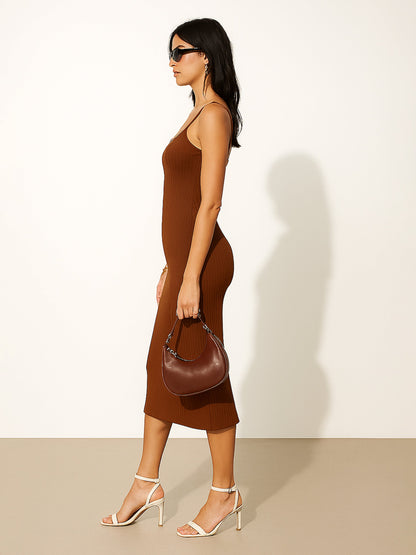 Brown Rib Strappy Slip-on Dress