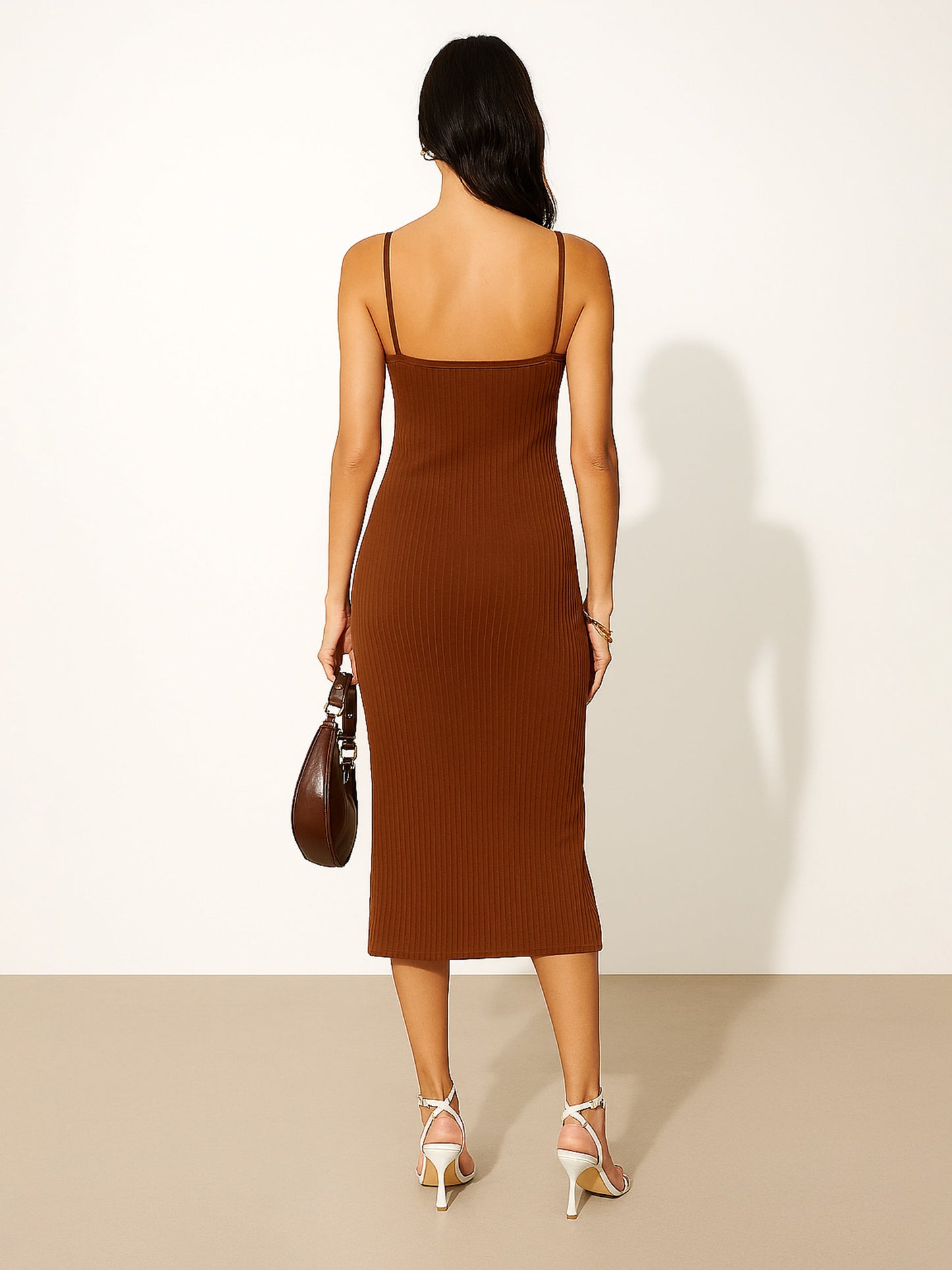 Brown Rib Strappy Slip-on Dress