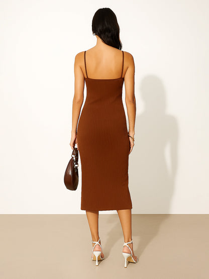 Brown Rib Strappy Slip-on Dress