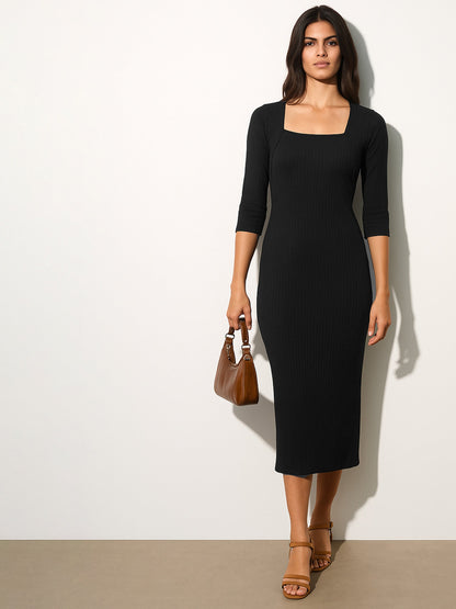 Black Rib Square Neck Sticth Detail Midi Dress