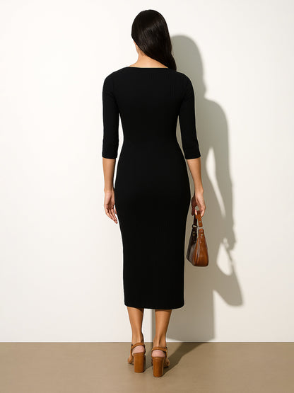 Black Rib Square Neck Sticth Detail Midi Dress