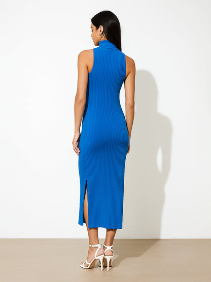Royal Blue Sleeveless Rib Turtle Neck Midi Dress
