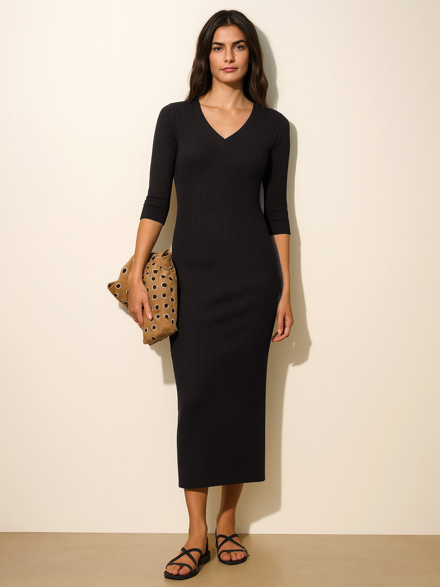 Black Rib Deep V-Neck Ankle Midi Dress