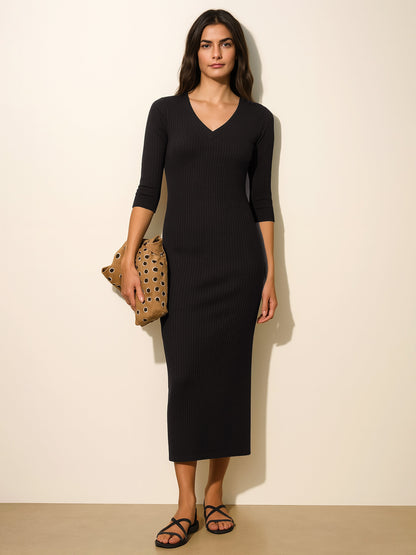 Black Rib Deep V-Neck Ankle Midi Dress