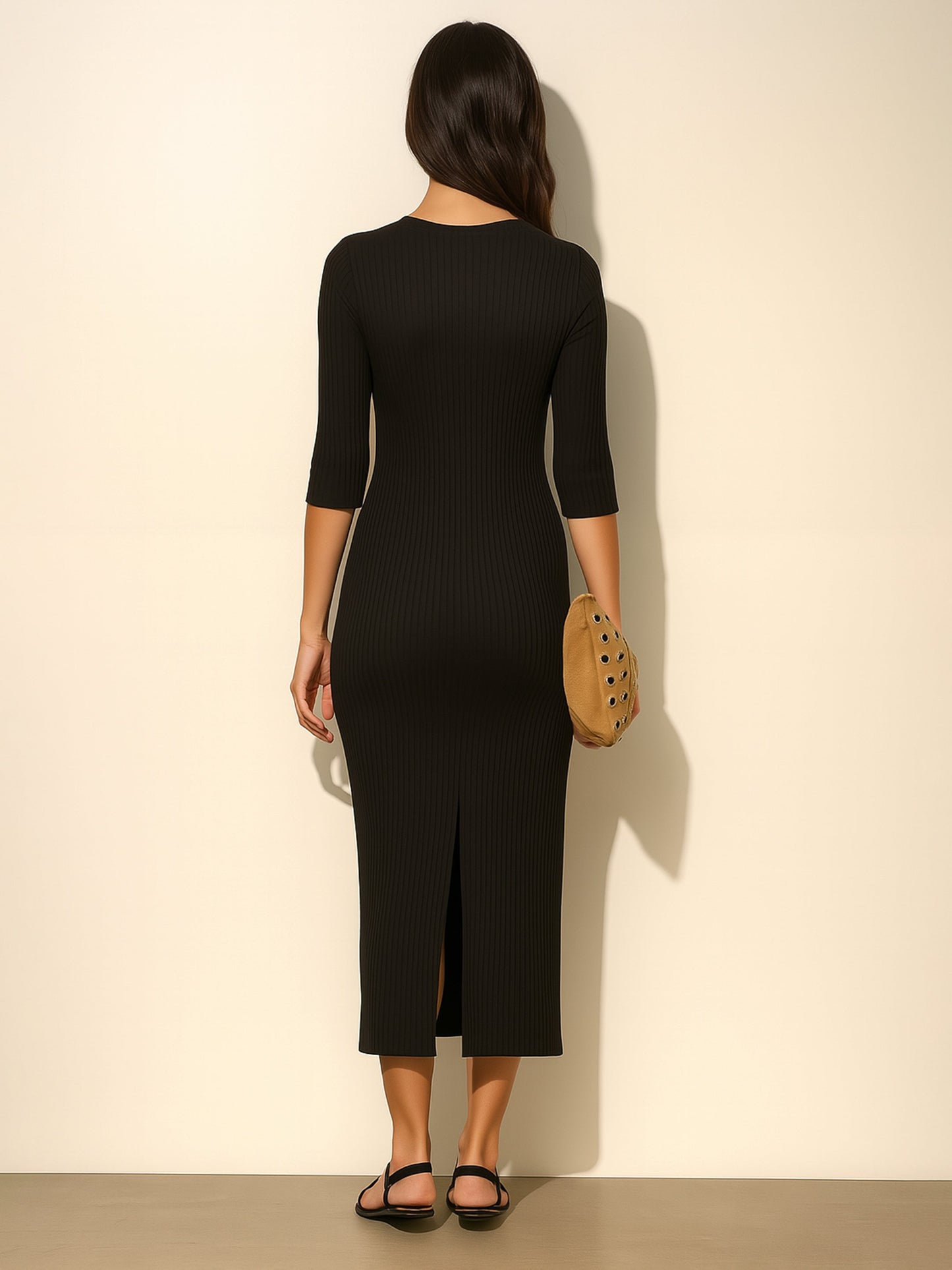 Black Rib Deep V-Neck Ankle Midi Dress