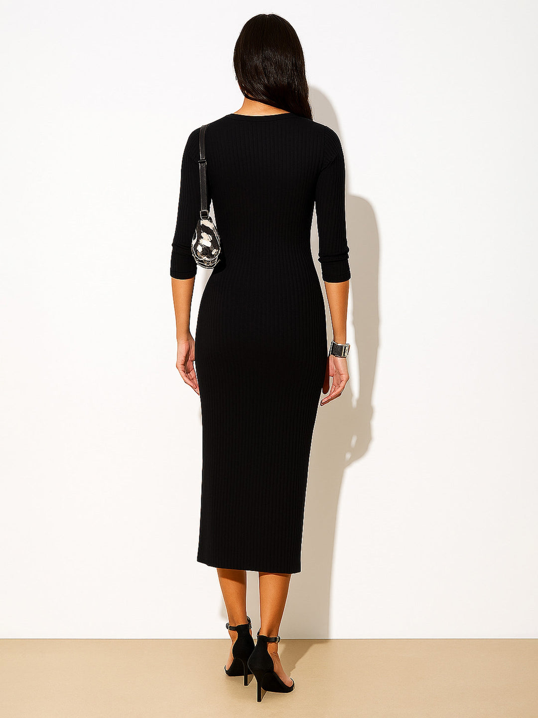 Women Black Rib Full Front Button V-Neck Midi Dress