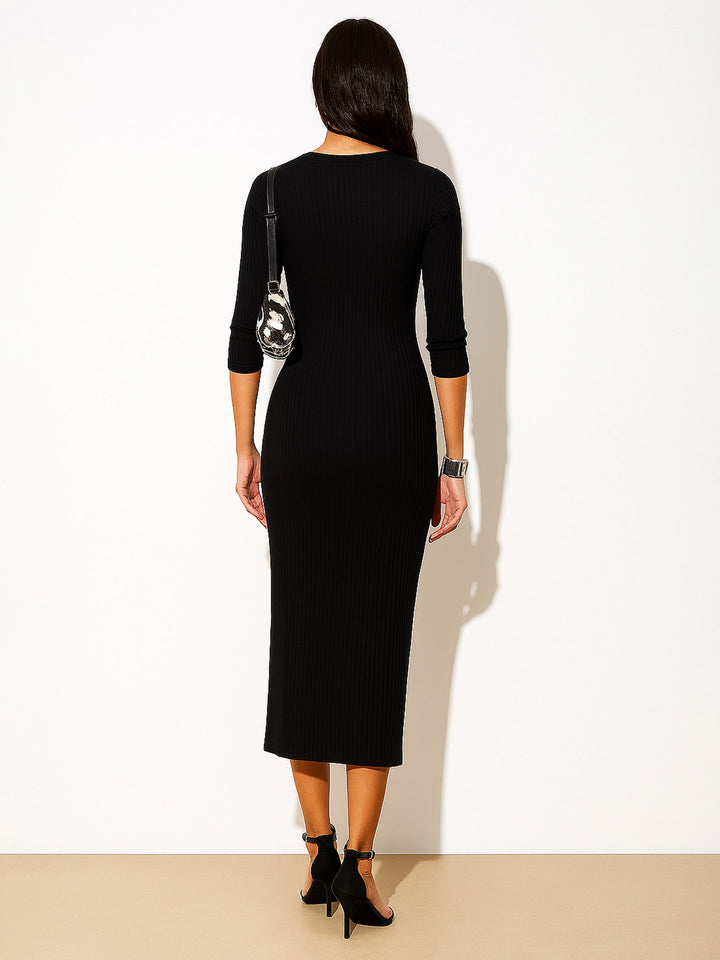 Women Black Rib Full Front Button V-Neck Midi Dress