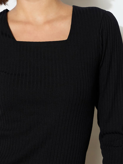 Black Rib Square Neck FS Midi Dress