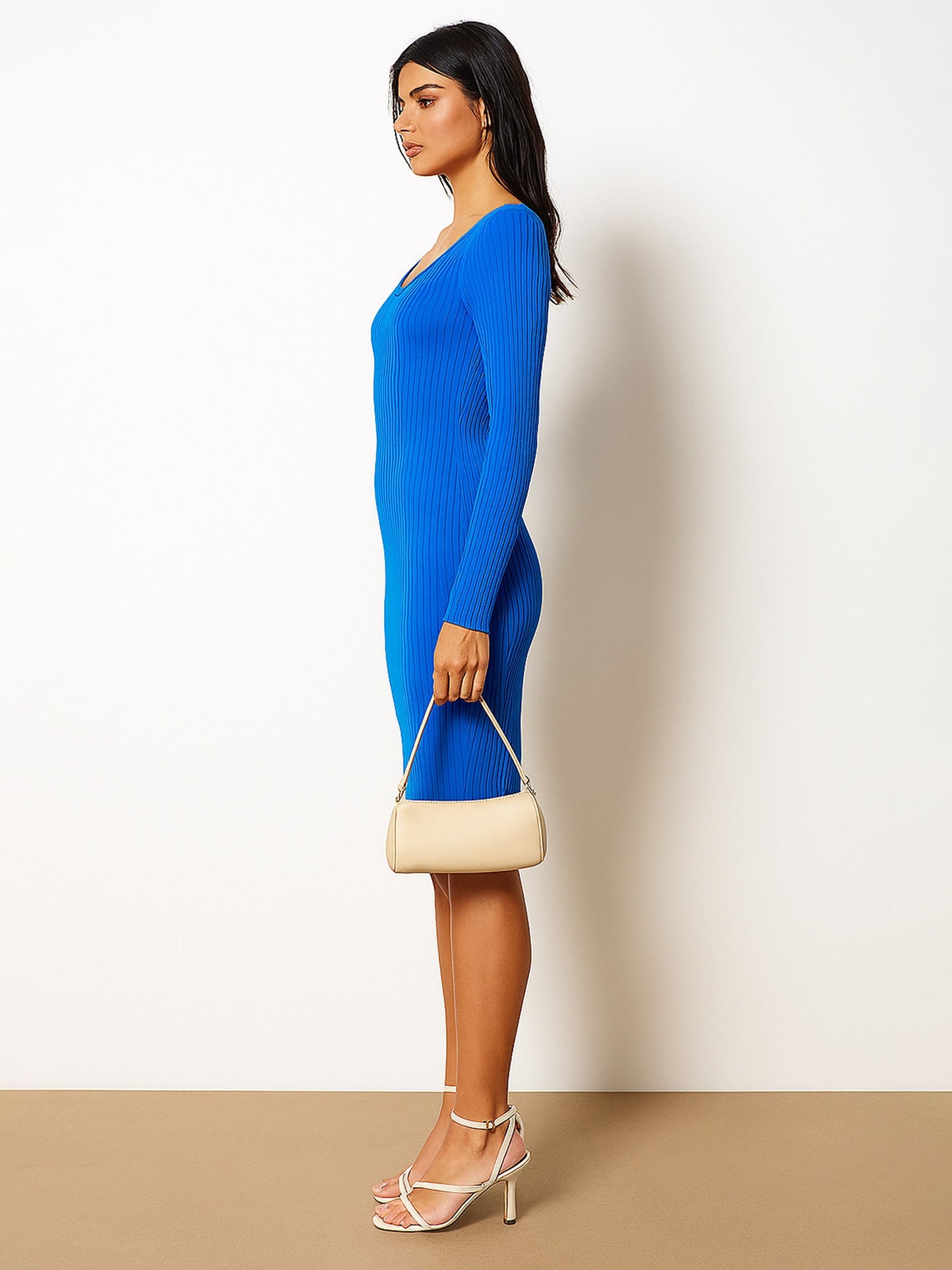 Royal Blue Rib Sweetheart Neck Knee Dress