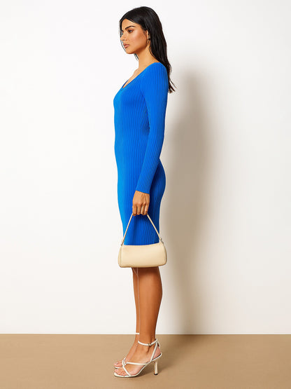 Royal Blue Rib Sweetheart Neck Knee Dress