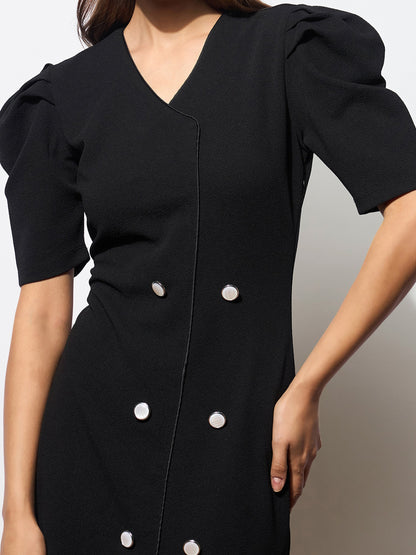 Women Black Double Button Mock Placket Bodycon Dress