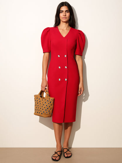 Red Double Button Mock Placket Bodycon Dress