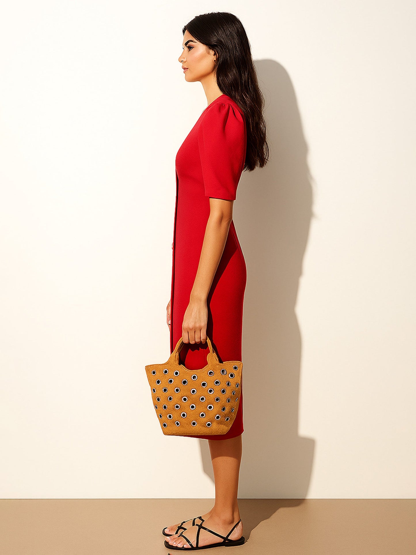 Red Double Button Mock Placket Bodycon Dress