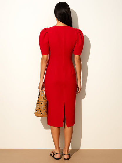 Red Double Button Mock Placket Bodycon Dress