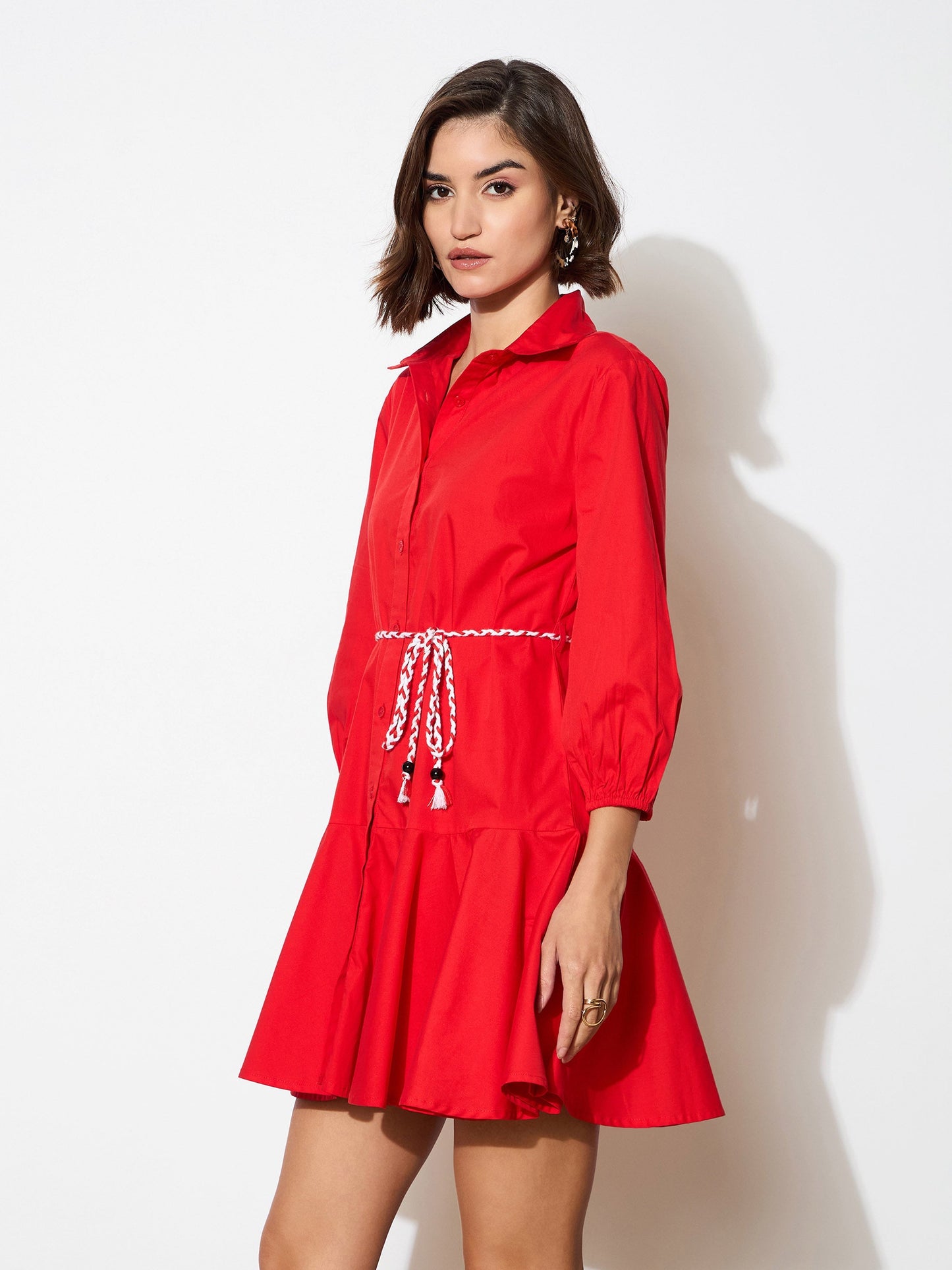 Red Poplin Short Skater Dori-Belt Dress