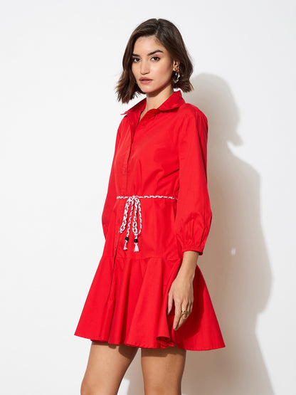 Red Poplin Short Skater Dori-Belt Dress