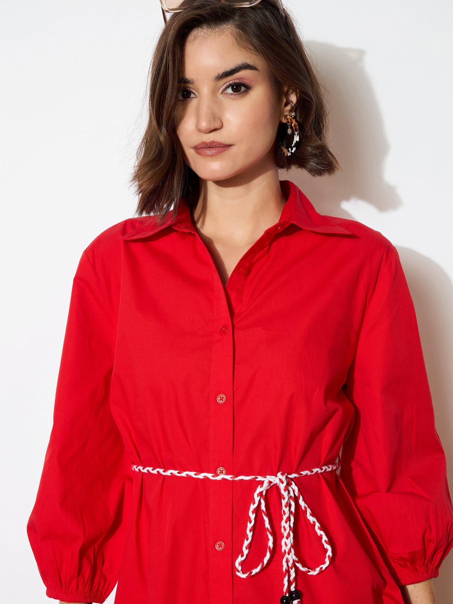Red Poplin Short Skater Dori-Belt Dress