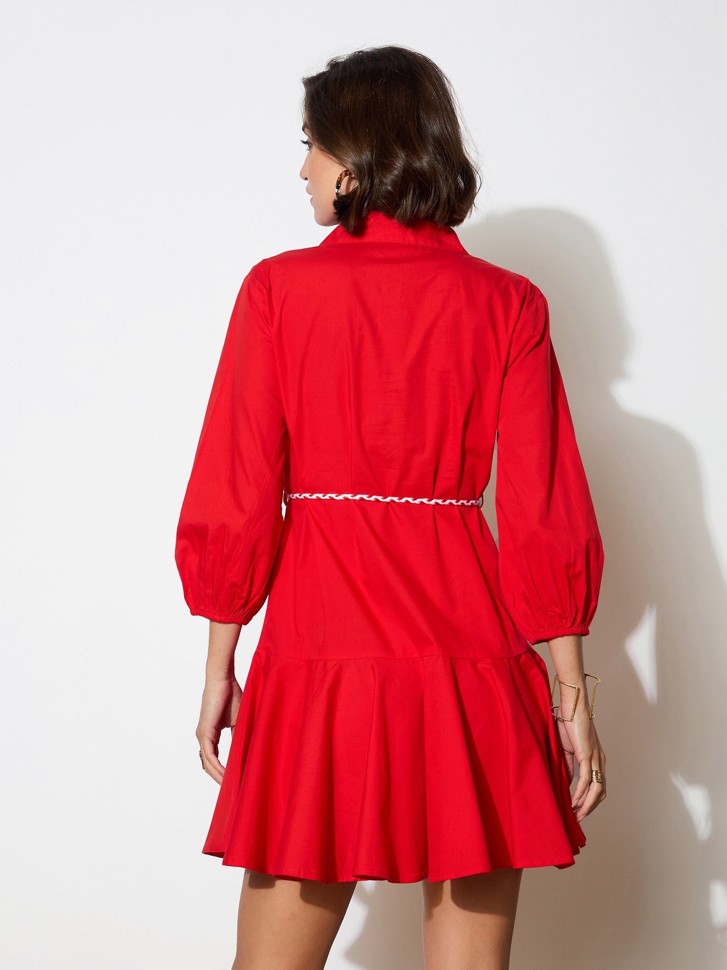 Red Poplin Short Skater Dori-Belt Dress
