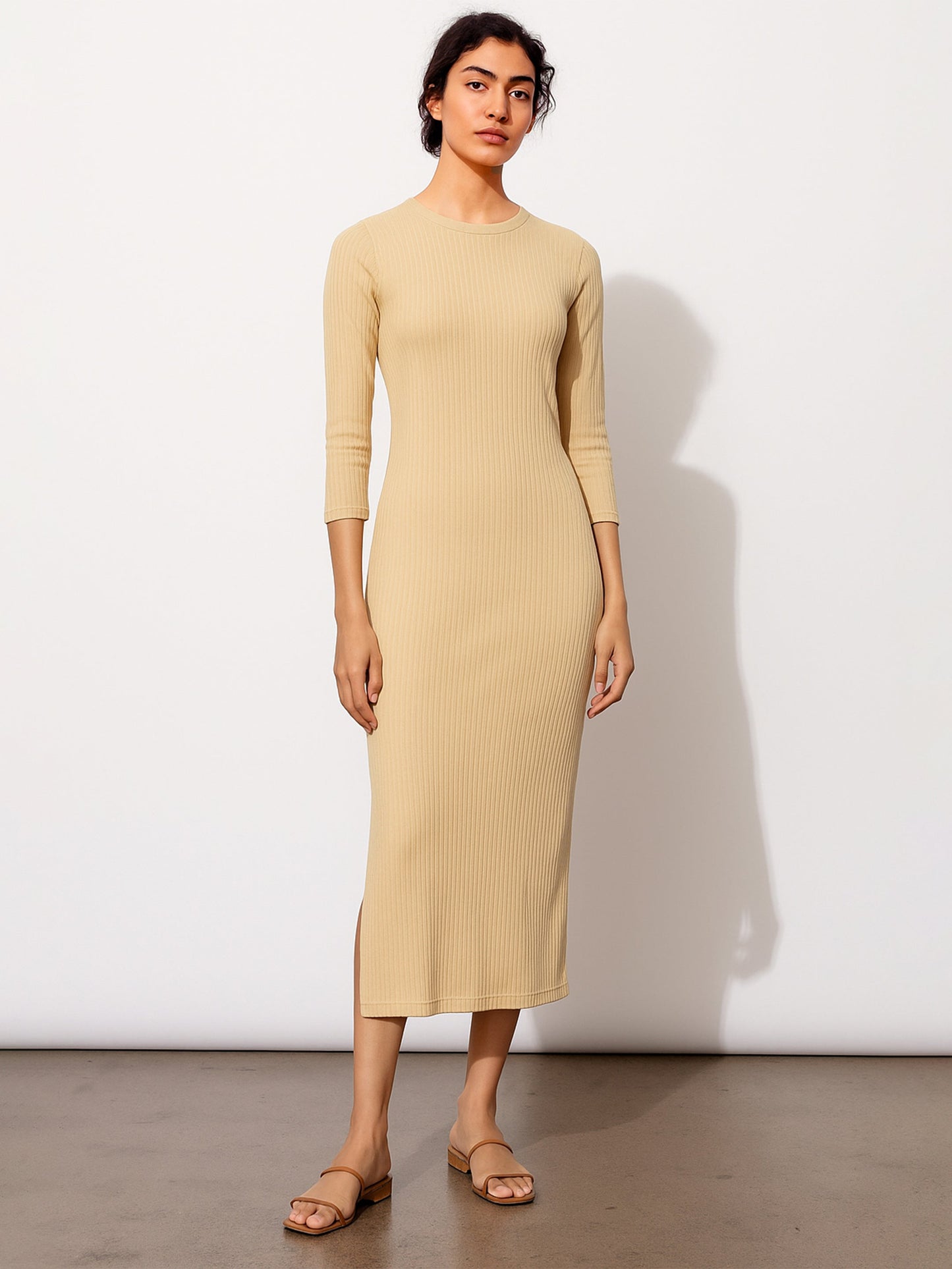 Beige Rib Mock Round Neck Midi Dress
