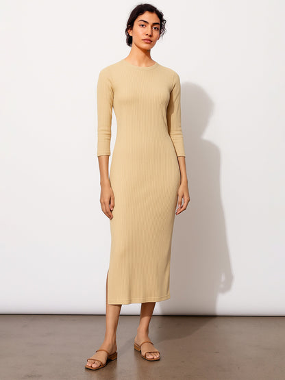 Beige Rib Mock Round Neck Midi Dress
