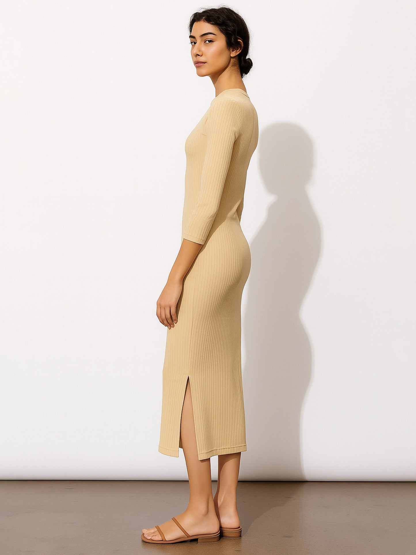 Beige Rib Mock Round Neck Midi Dress