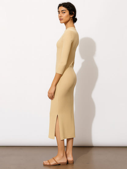 Beige Rib Mock Round Neck Midi Dress