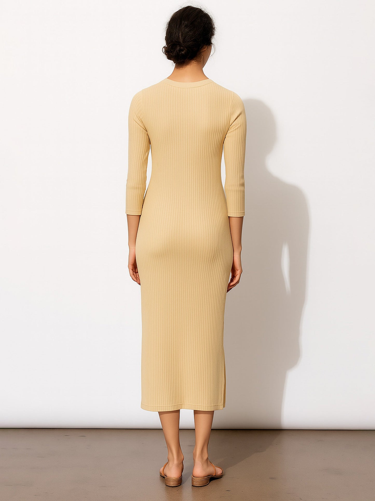 Beige Rib Mock Round Neck Midi Dress