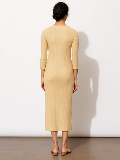 Beige Rib Mock Round Neck Midi Dress
