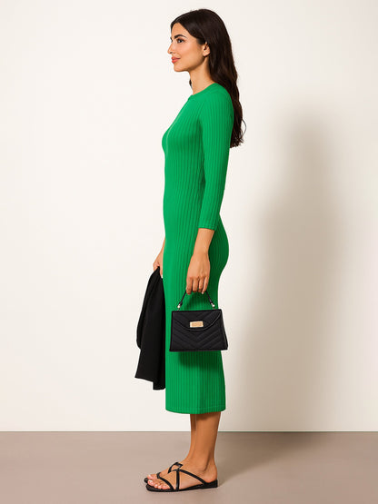 Green Rib Mock Round Neck Midi Dress