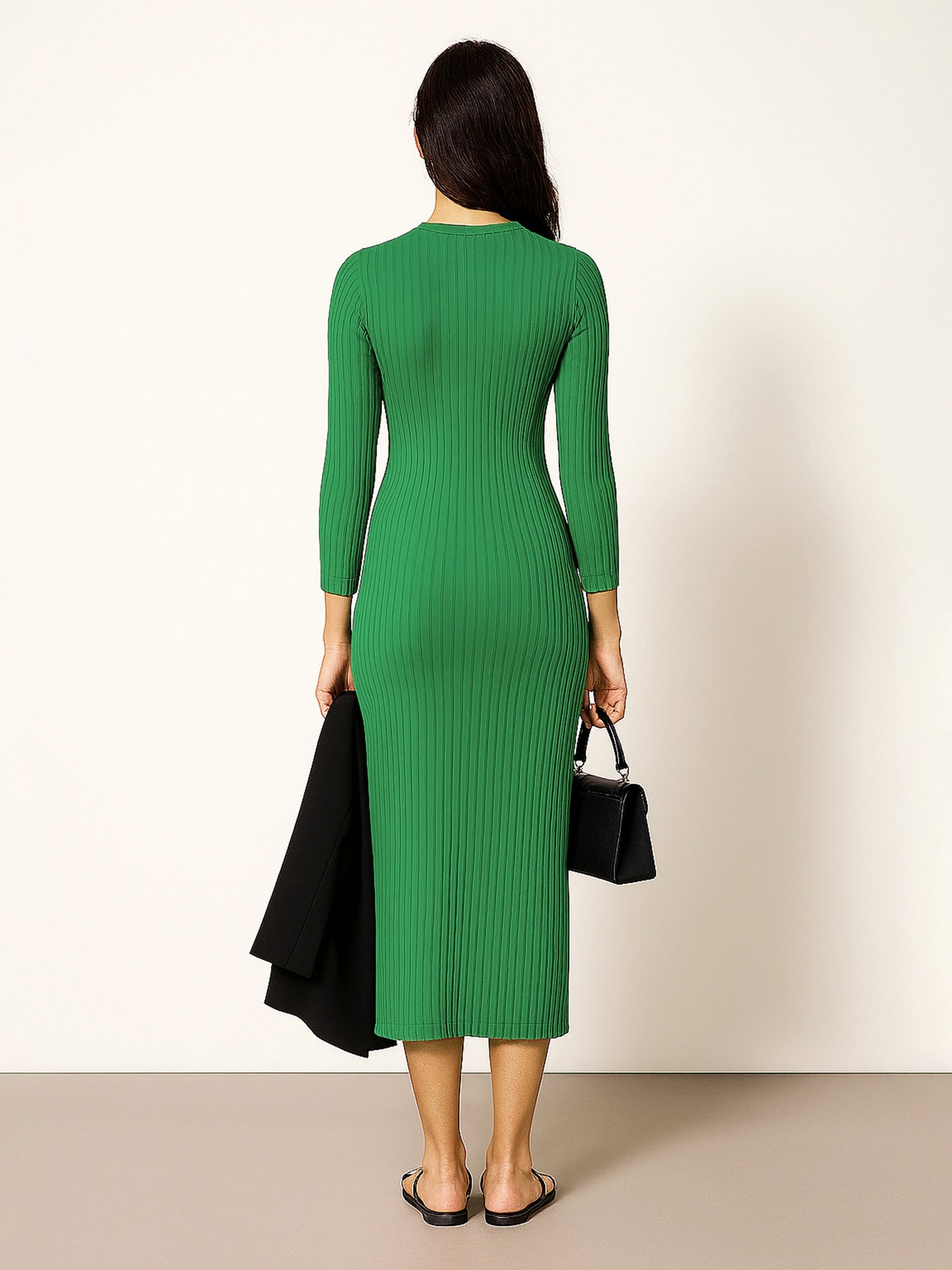 Green Rib Mock Round Neck Midi Dress
