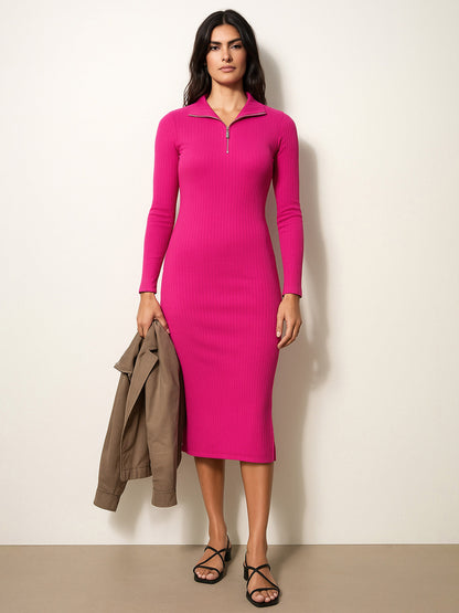 Fuchsia Rib High Neck Front Half Zipper Dress