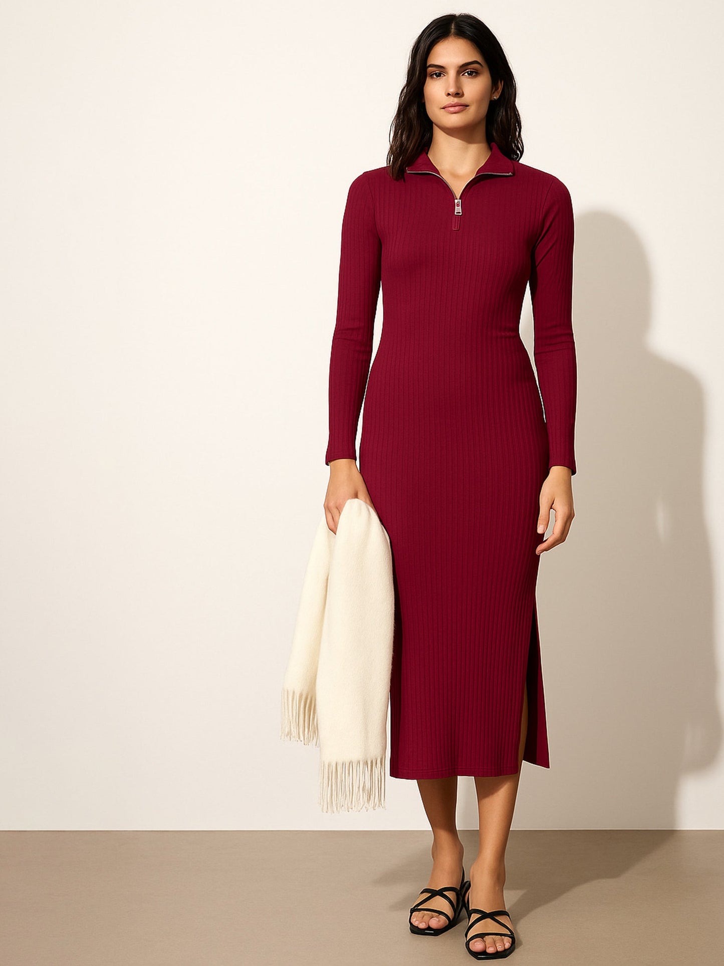 Women Maroon Rib High Neck Front Half Zipper Dress