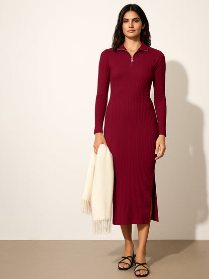 Women Maroon Rib High Neck Front Half Zipper Dress
