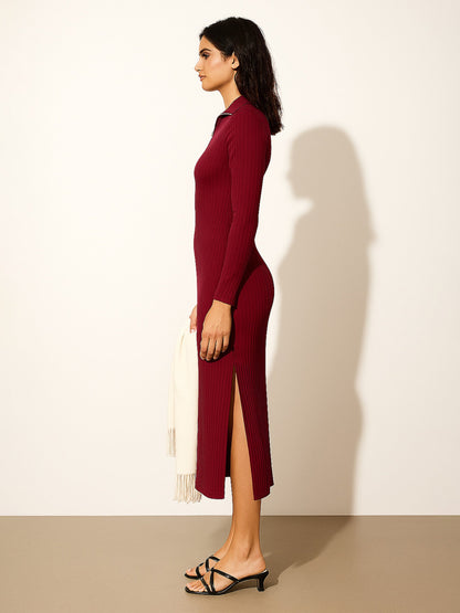 Women Maroon Rib High Neck Front Half Zipper Dress