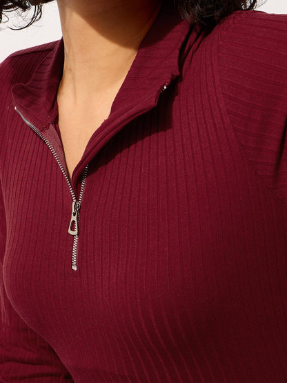 Women Maroon Rib High Neck Front Half Zipper Dress
