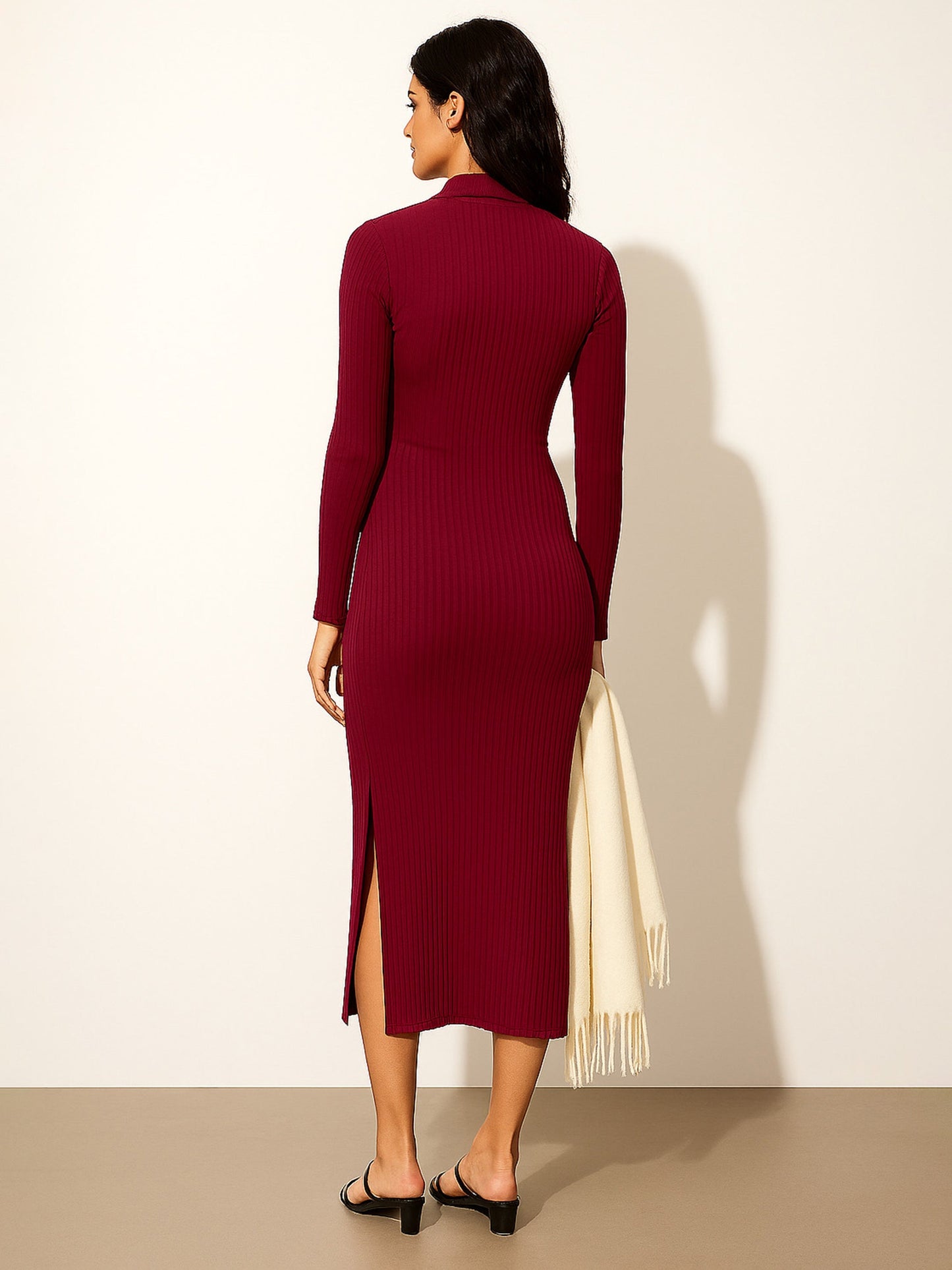 Women Maroon Rib High Neck Front Half Zipper Dress