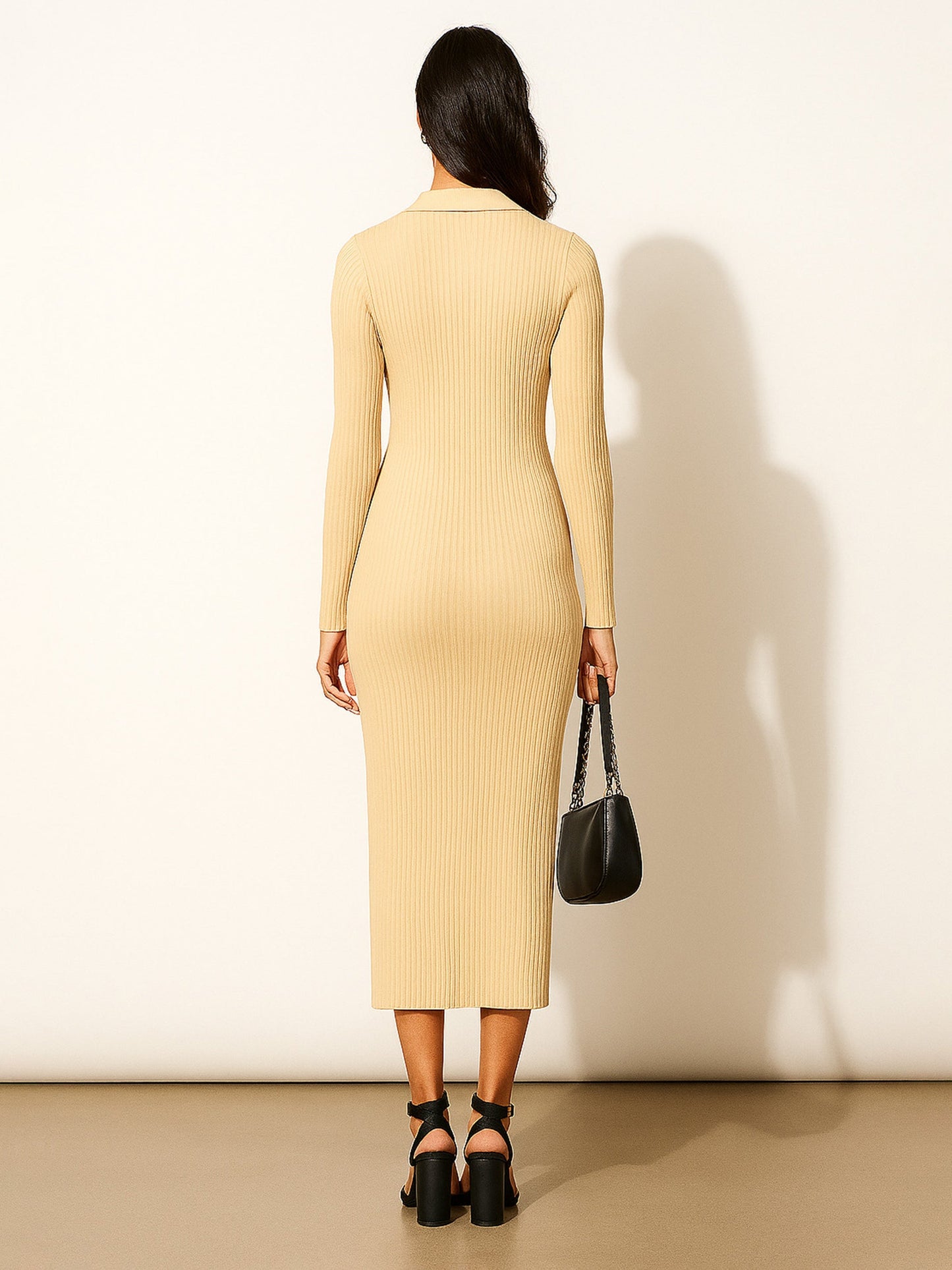 Beige Rib Polo Neck Bodycon Midi Dress