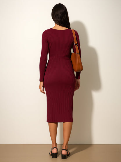 Women Maroon Rib Sweetheart Neck Knee Dress