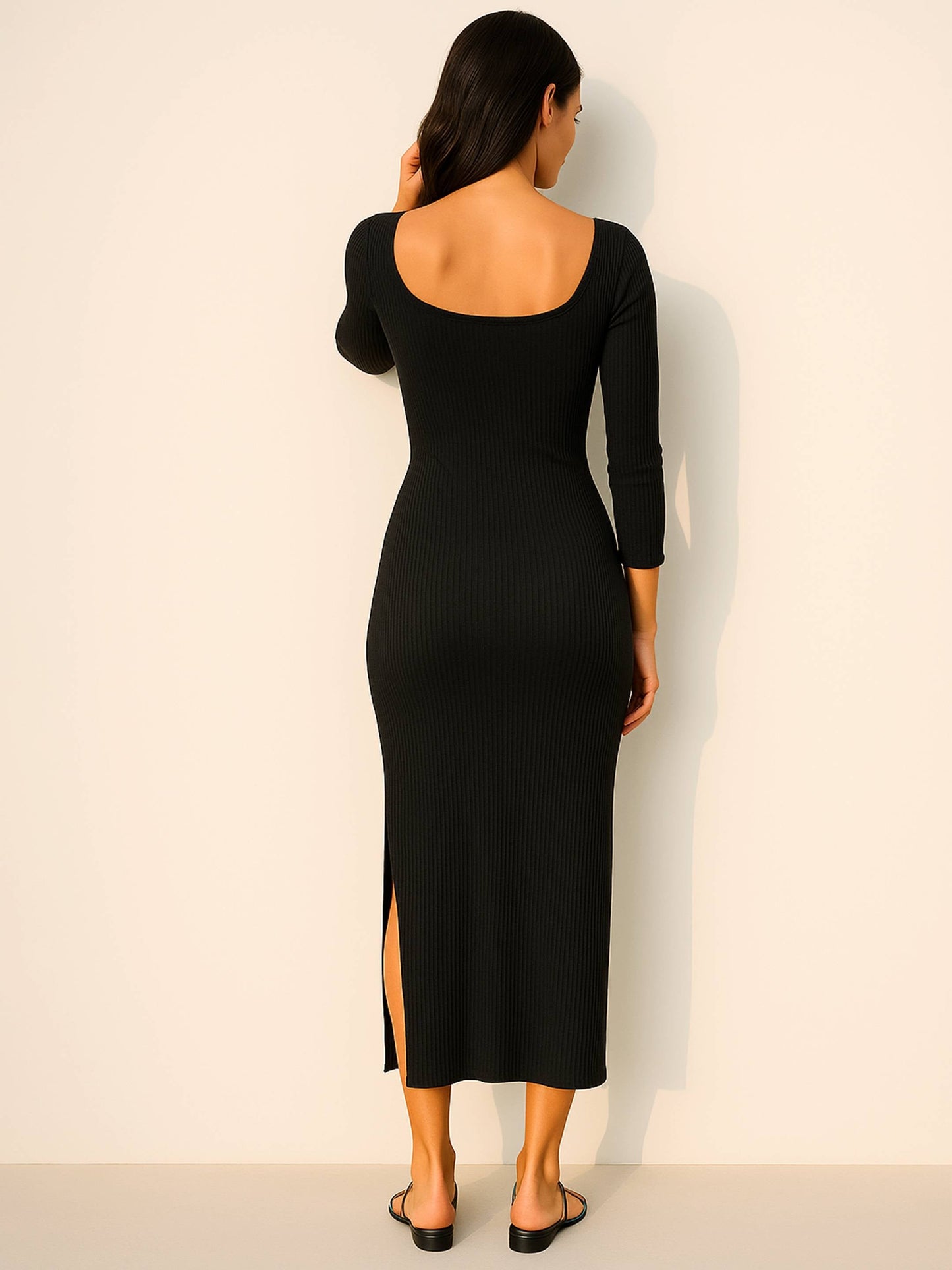 Black Rib Side Slit Wrap Neck Cut-Out Midi Dress