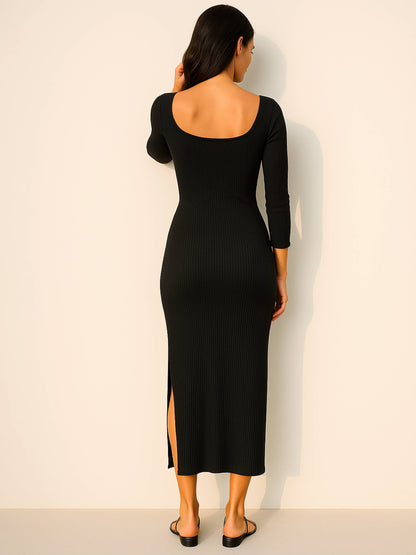 Black Rib Side Slit Wrap Neck Cut-Out Midi Dress