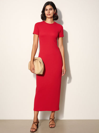 Red Rib Bodycon Back Slit Maxi Dress