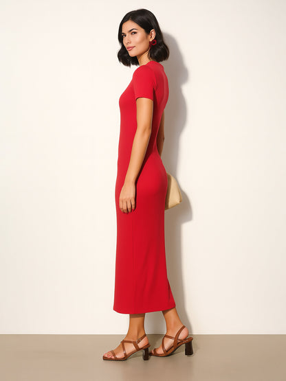 Red Rib Bodycon Back Slit Maxi Dress