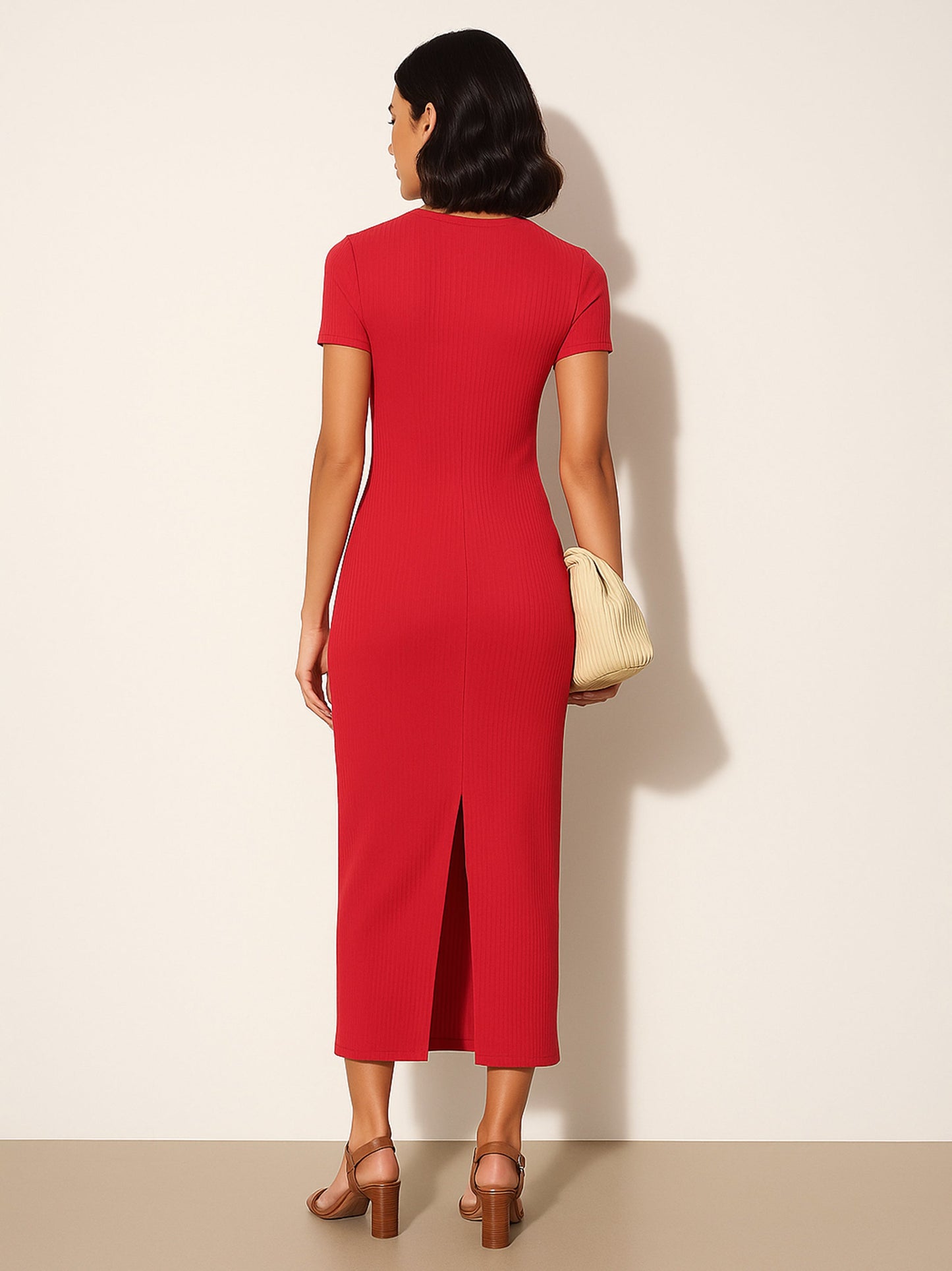 Red Rib Bodycon Back Slit Maxi Dress