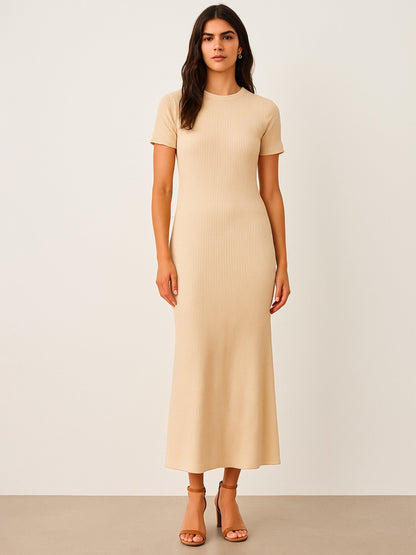 Beige Rib Bodycon Back Slit Maxi Dress