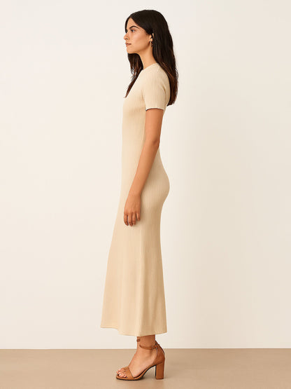 Beige Rib Bodycon Back Slit Maxi Dress