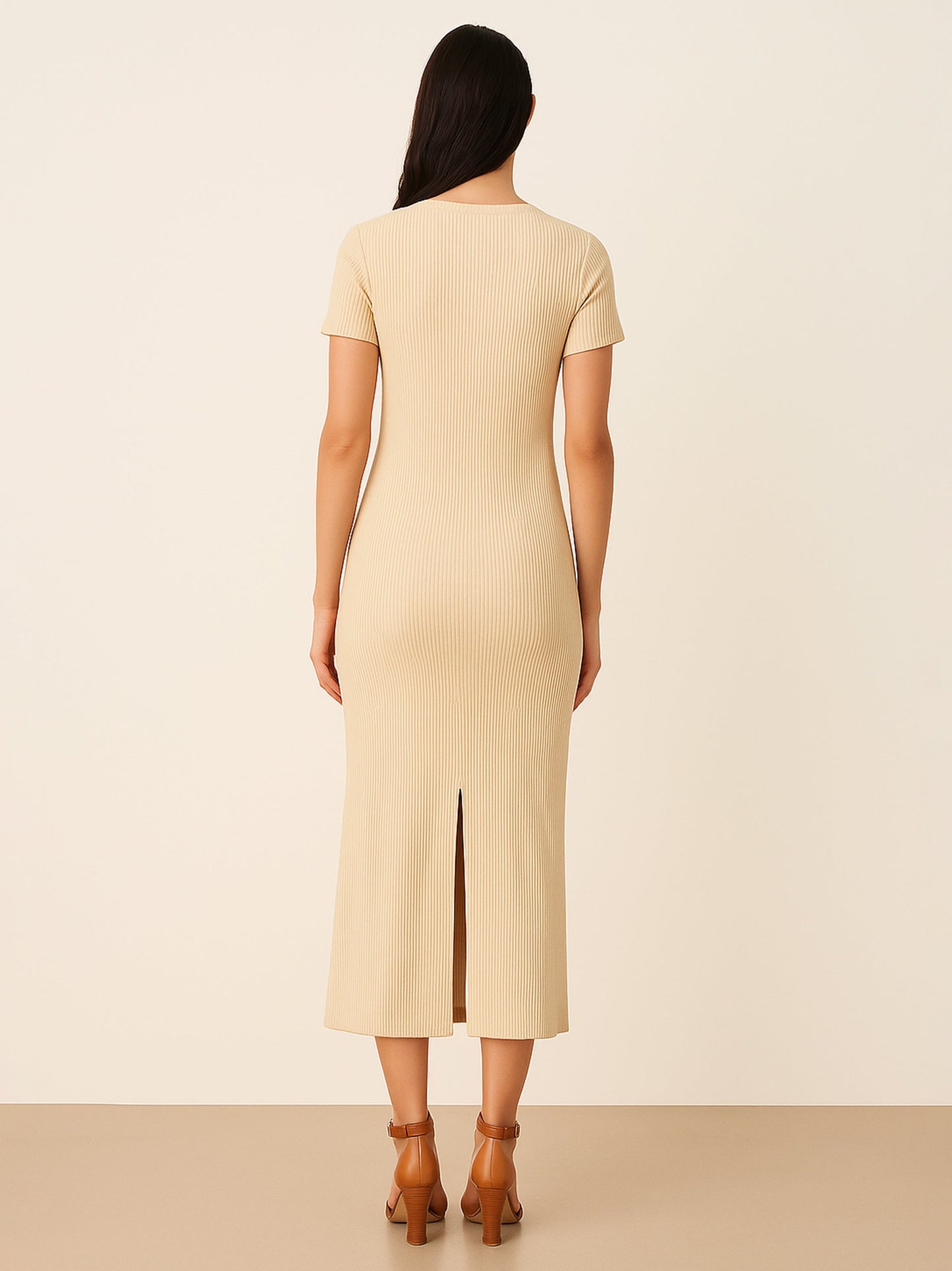 Beige Rib Bodycon Back Slit Maxi Dress