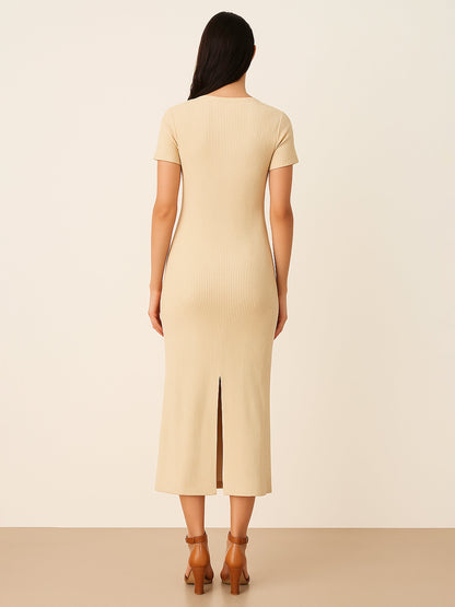 Beige Rib Bodycon Back Slit Maxi Dress