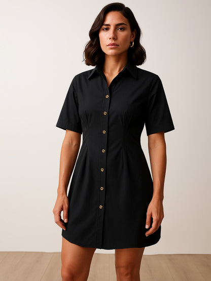 Black Smocked Pure Cotton Shirt Mini Dress