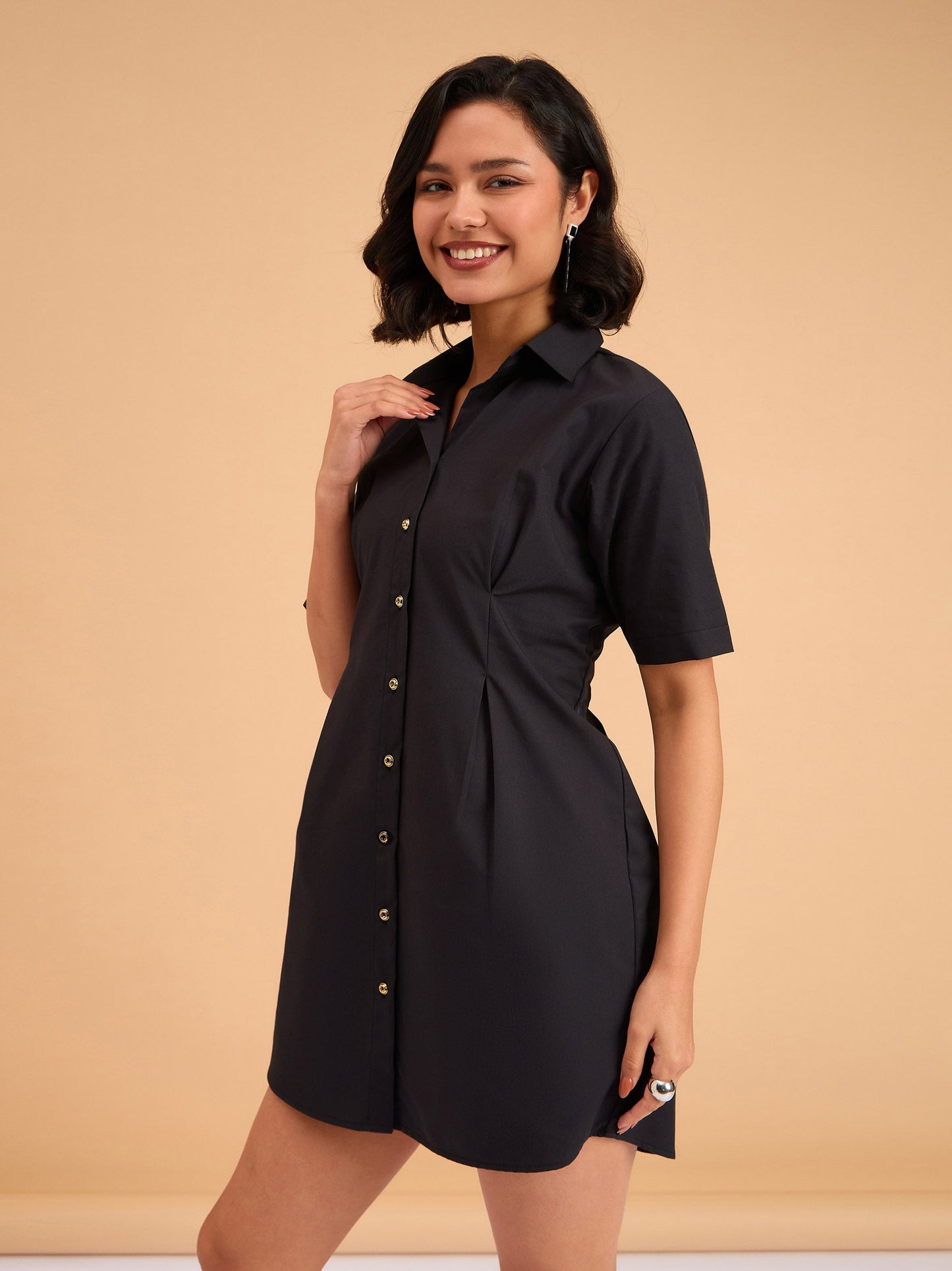Black Smocked Pure Cotton Shirt Mini Dress