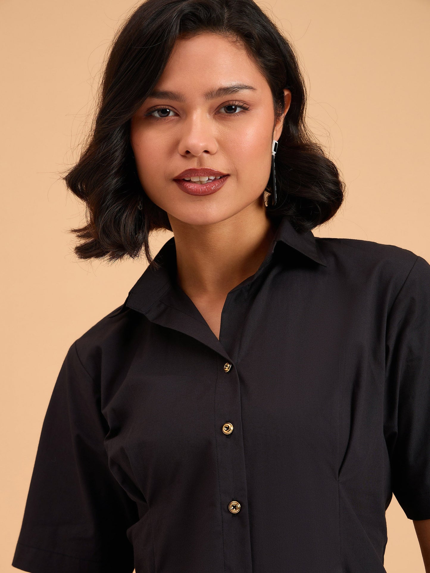 Black Smocked Pure Cotton Shirt Mini Dress